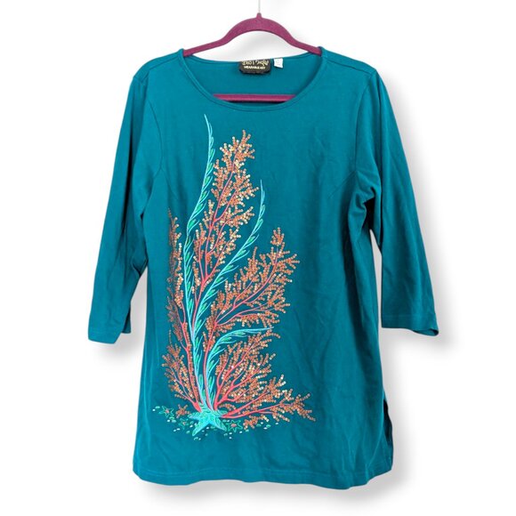 Bob Mackie vintage 90s green teal embellished embroidered coral reef tunic W's L - Picture 2 of 7